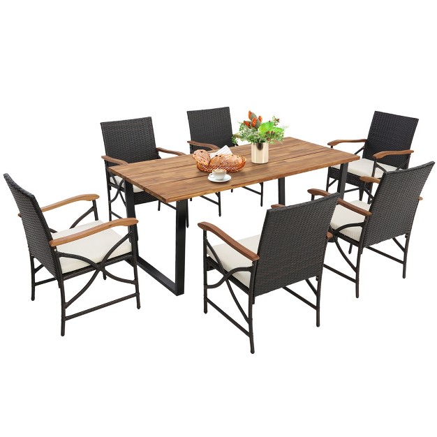 Costway 7 Pcs Patio Rattan Dining Set Acacia Wood Table 6 Wicker Chairs With Umbrella Hole