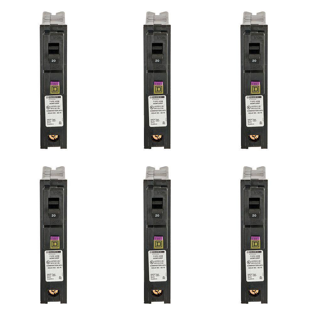 Square D Homeline 20 Amp Single-Pole Plug-On Neutral Dual Function (CAFCI and GFCI) Circuit Breaker (6-Pack) HOM120PDFC6