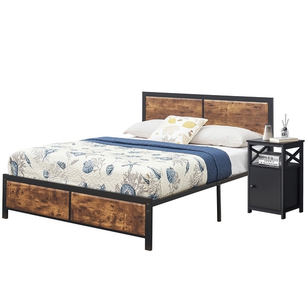 Taomika Industrial 3-pieces Bed with Wood Headboard and Nightstand Set - - 35162744