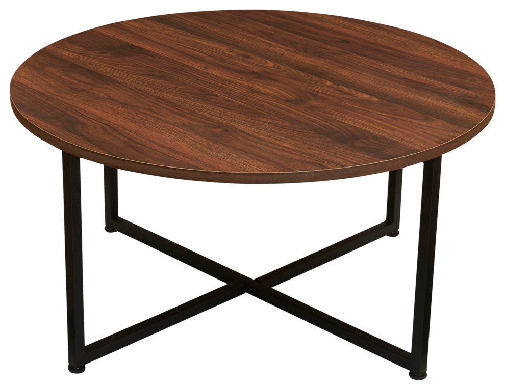 Jamestown Round Coffee Table Mid Century Walnut Wood Grain and Black Metal   Transitional   Coffee Tables   by Household Essentials  Houzz