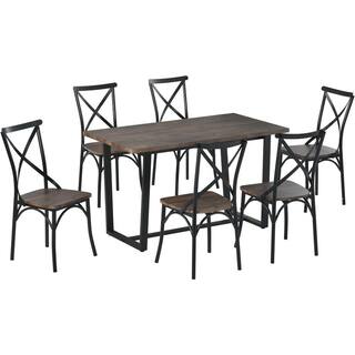 Harper  Bright Designs Industrial Style 7-Piece Rustic Brown MDF Top Table Set Seats 6 XW047AAA