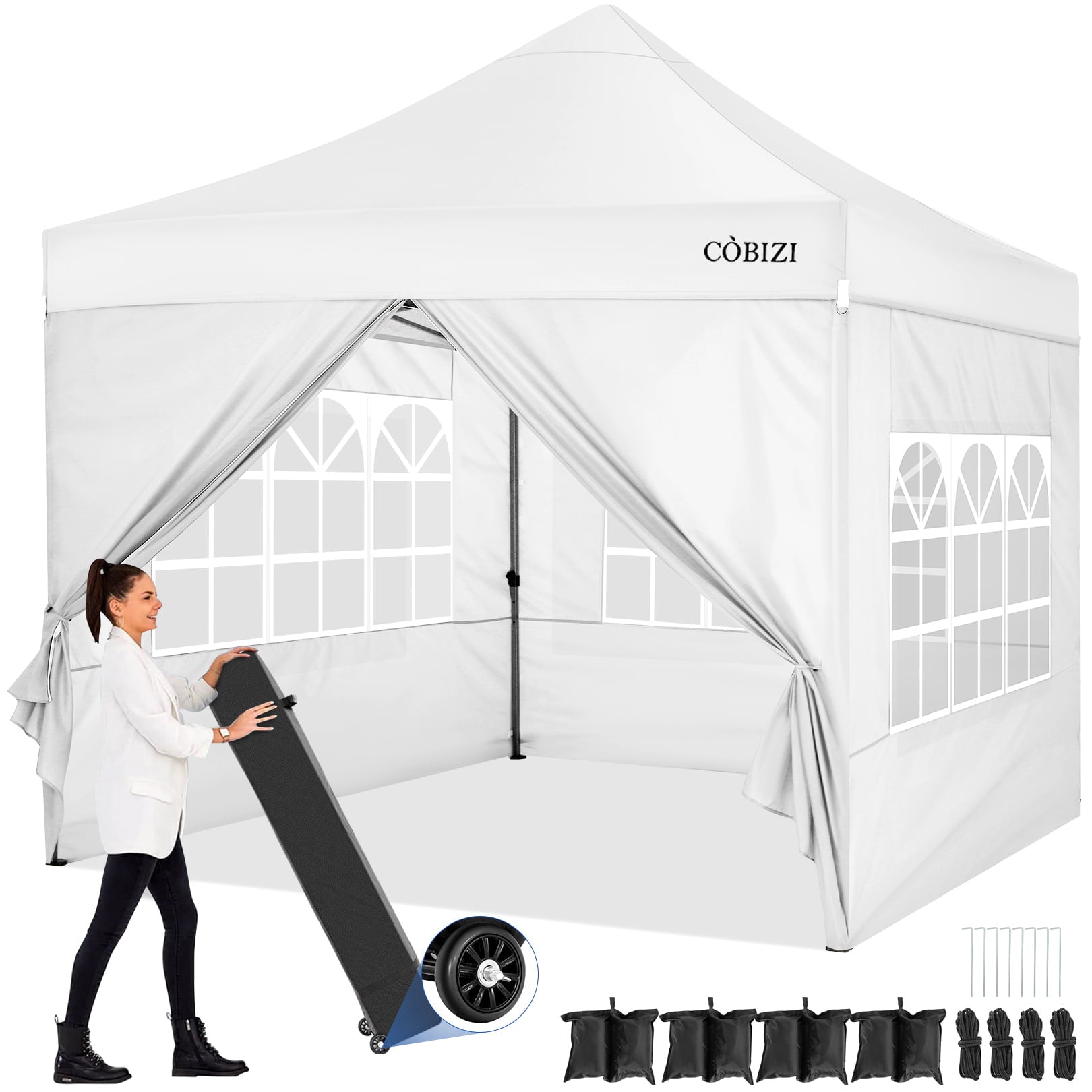 10 x 10ft Pop Up Canopy Tent Instant Outdoor Party Heavy Duty Canopy Straight Leg Commercial Gazebo Tent Shelter with 4 Removable Sidewalls, 4 Sand Bags, Roller Bag, White