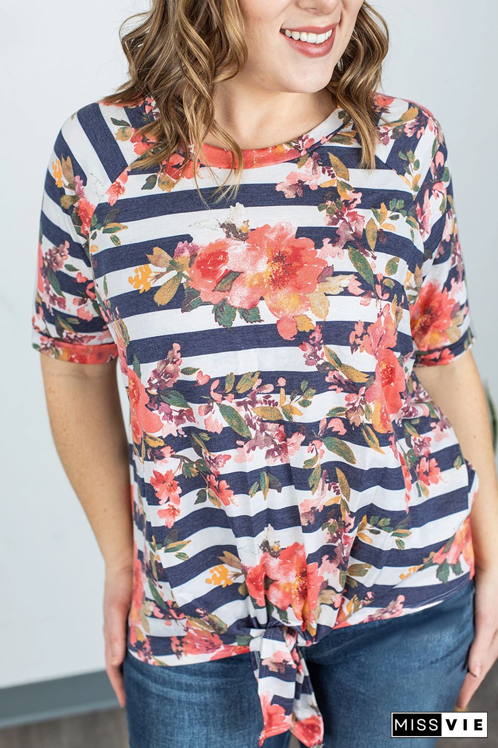 Striped Floral Print Crewneck Short Sleeve Plus Size T Shirt