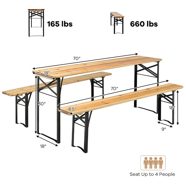 Costway 3 Pcs Beer Table Bench Set Folding Wooden Top Picnic Table Patio Garden