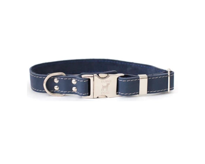 Euro Dog Soft Leather Metal Quick-Release Buckle Dog Collar， Blue， X-Small - QRXSN