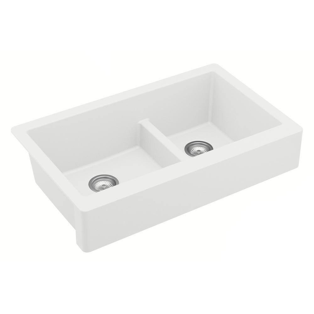 Karran QAR-760 QuartzGranite 34 in. Double Bowl 6040 Retrofit FarmhouseApron Front Kitchen Sink in white wGrid and Strainer QAR-760-WH-PK1