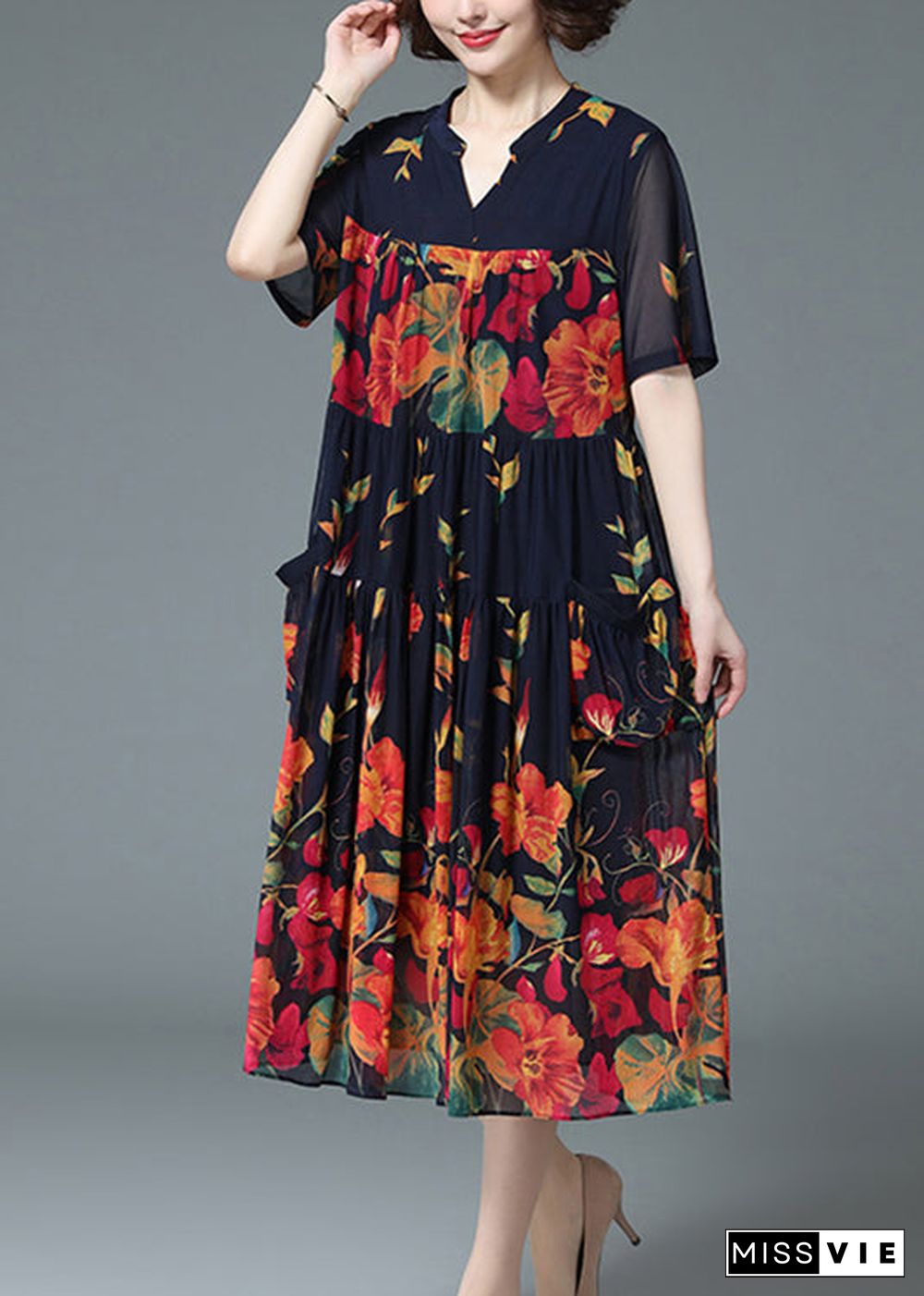 Loose Blue V Neck Wrinkled Floral Print Pockets Chiffon Long Dress Short Sleeve