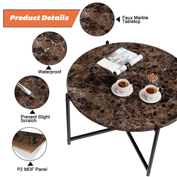 Round Coffee Table and 2pcs Side Table， Living Room Table Sets with Faux Marble Tabletop - 15.5