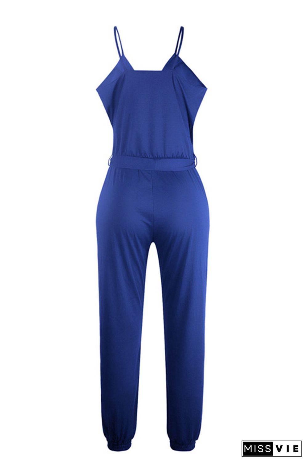 Blue Solid Color Slip Jumpsuit With Belt