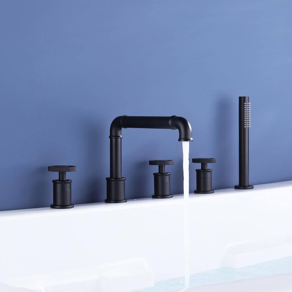 Tomfaucet 3-Handle Deck-Mount Roman Tub Faucet with Hand Shower in Matte Black TFB1145MB