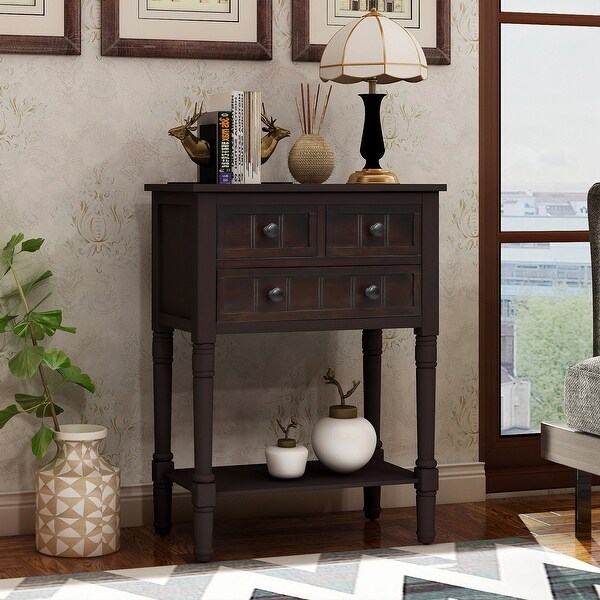 Narrow Console Table， Slim Sofa Table with Three Storage Drawers and Bottom Shelf