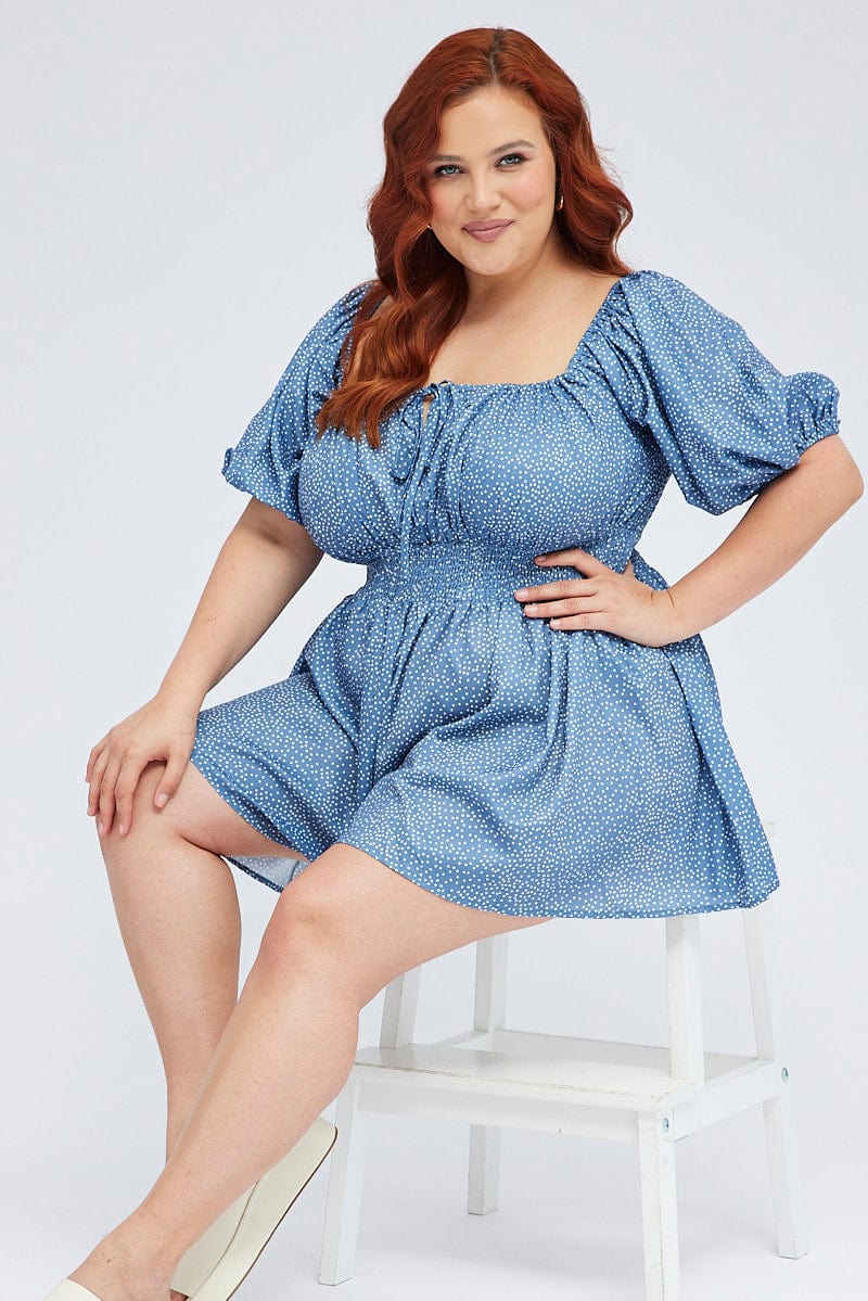 Polka Dot Playsuit Scoop Neck Puff Sleeve