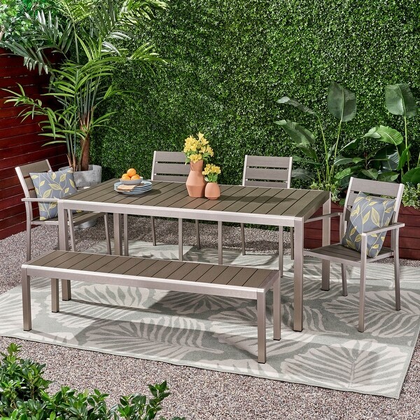 Cape Coral Outdoor Modern 6 Seater Aluminum Dining Set with Dining Bench by Christopher Knight Home