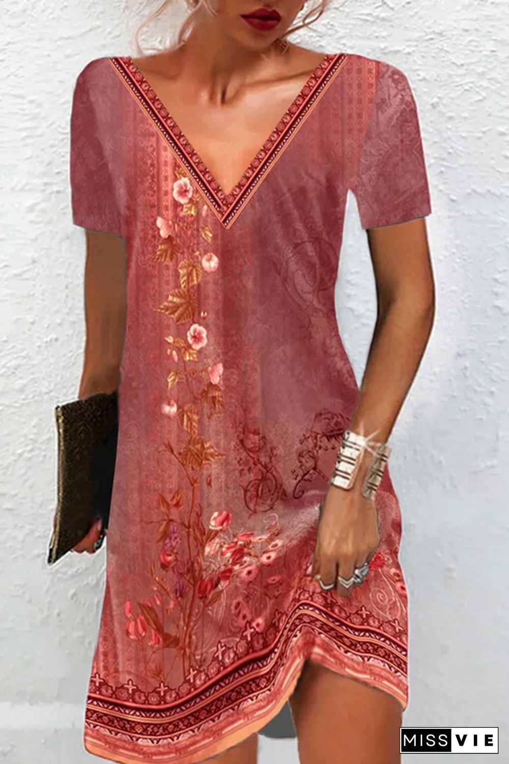 V Neck Ethnic Floral Print T-Shirt Dress