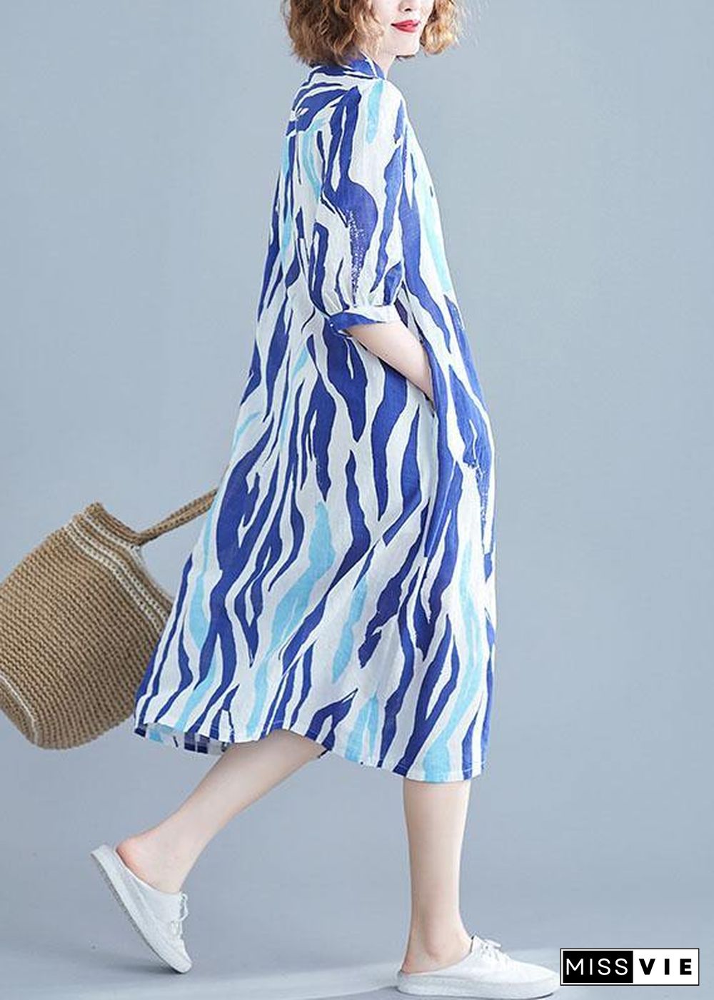 Vivid lapel half sleeve Chiffon dresses Runway blue striped Dress