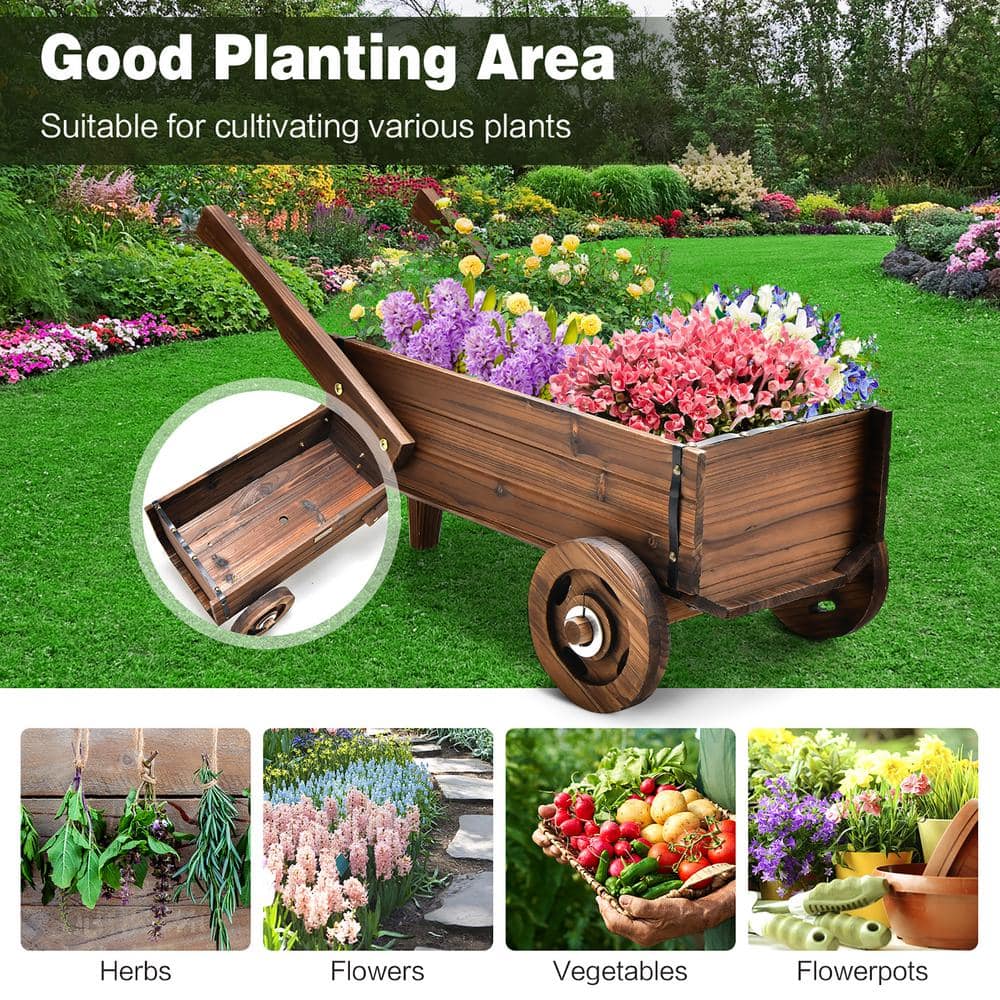 Costway 32 in. L x 15.5 in. W x 15 in.H Decorative Wagon Cart Plant Flower Pot Stand Wooden Raised Garden Planter Box GT3929CF