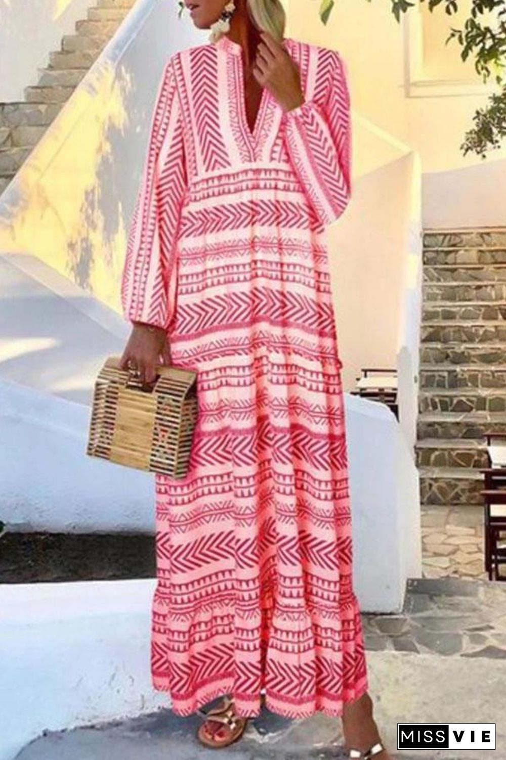 Holiday Striped Geometric Print Paneled V-neck Maxi Dress