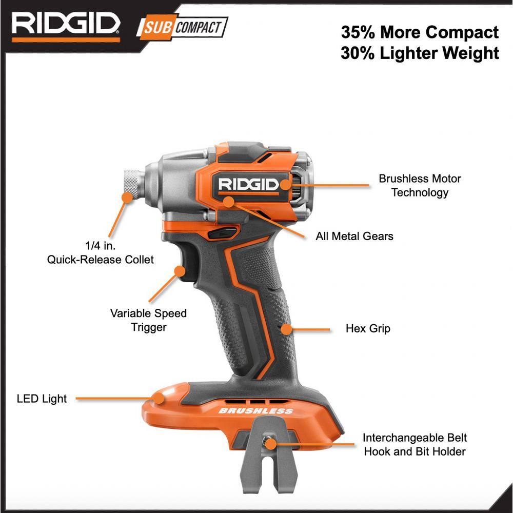 RIDGID 18V SubCompact Brushless Cordless Impact Driver Kit with (1) 2.0 Ah Battery Charger and Bag R8723K