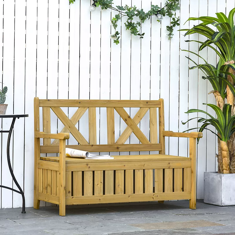 Outsunny 29 Gallon Garden Storage Bench with Waterproof Frame Large Entryway Deck Box w/ Unique X Shape Back Louvered Side Panels Yellow