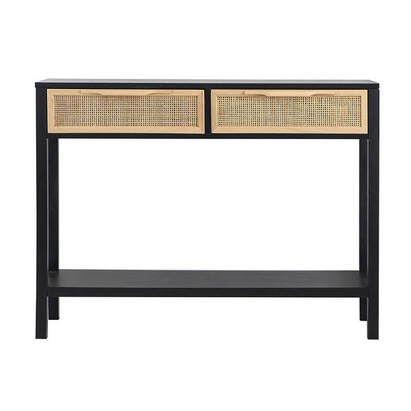 Dana 39 Inch Sofa Console Table， 2 Rattan Drawers， Black Finish， Brown