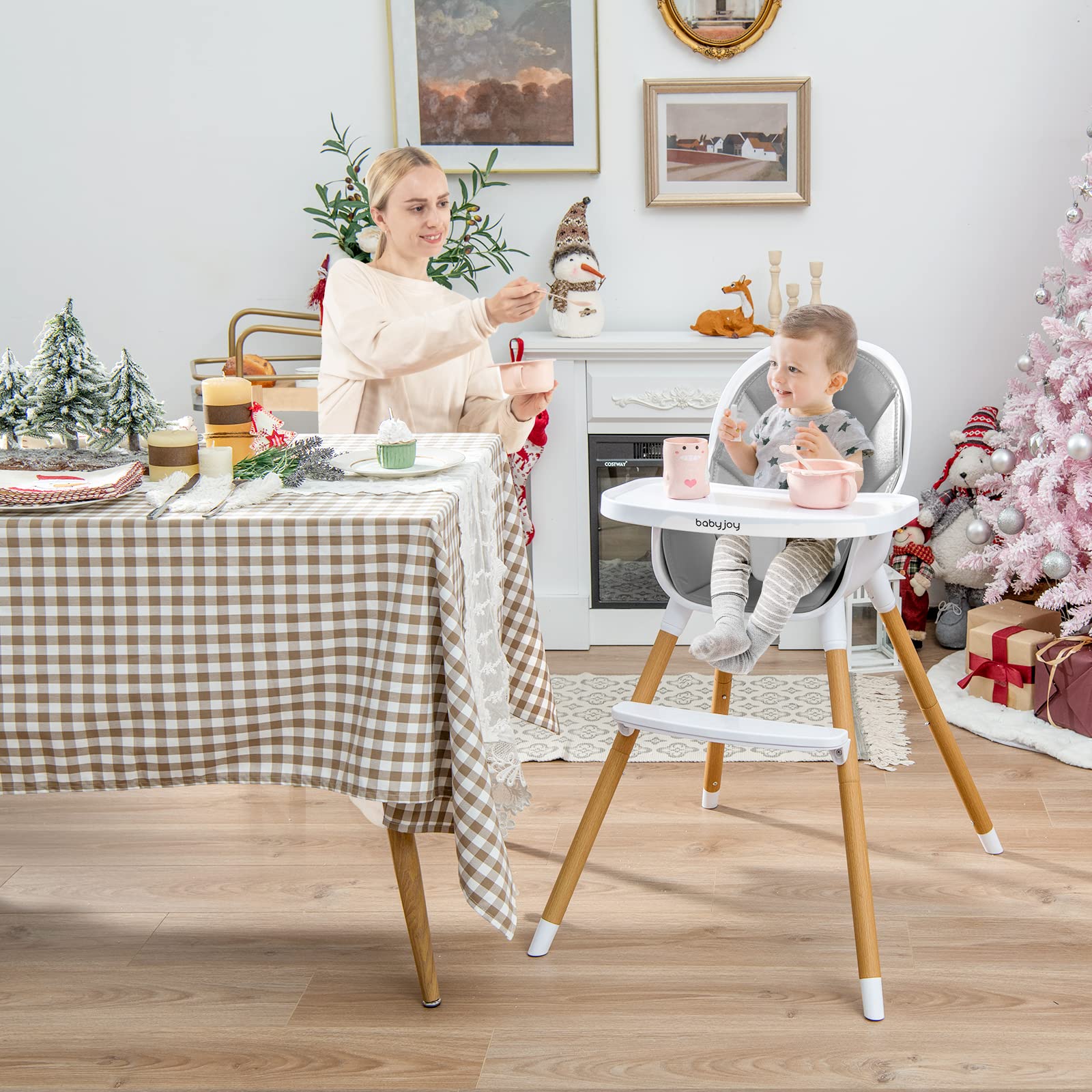 Convertible Baby High Chair, 3 in 1 Highchair, Iron Legs(Wood Grain)