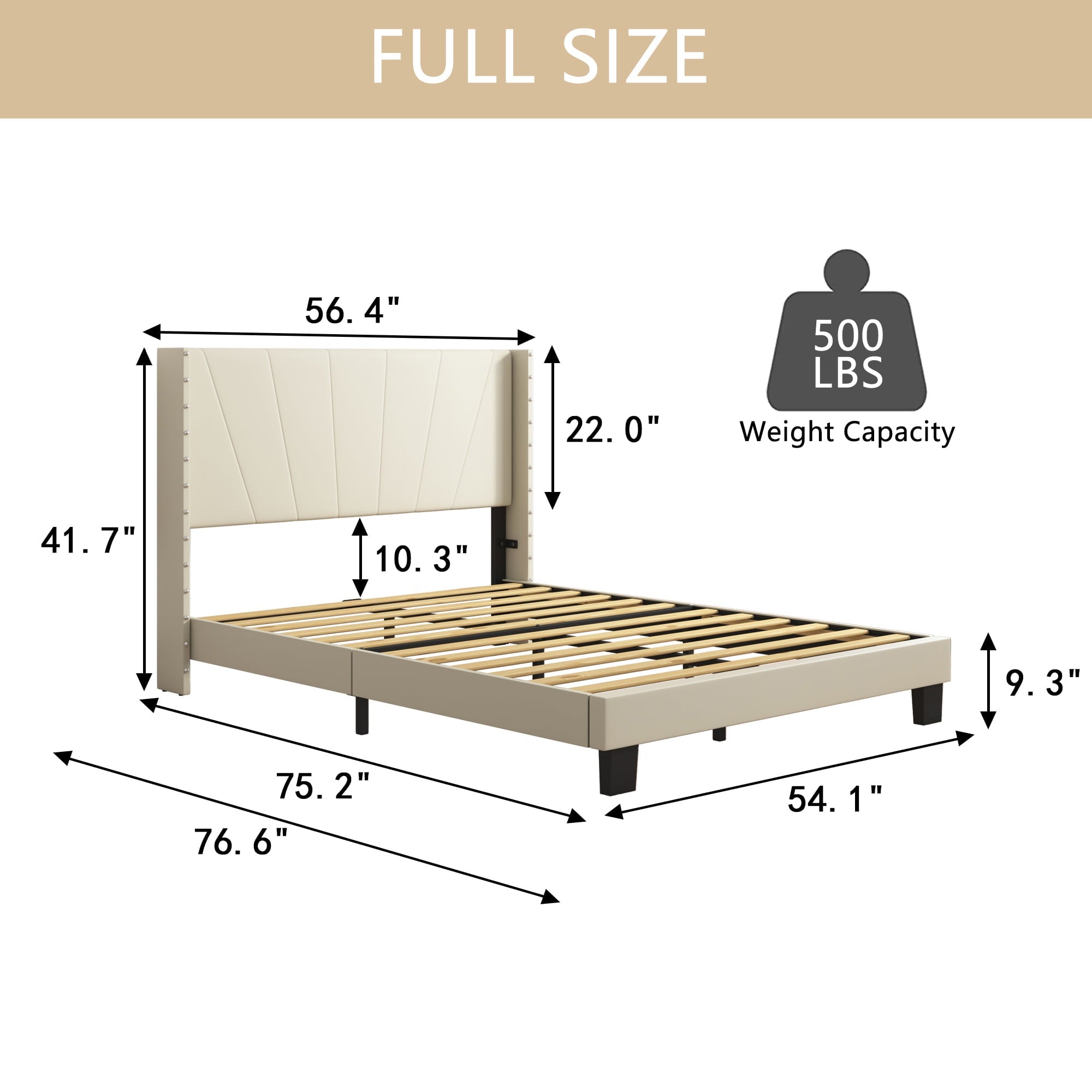 Beige Full Bed Frame for Adults Kids, Modern Fabric Upholstered Platform Bed Frame with Headboard, Full Size Bed Frame Bedroom Furniture with Wood Slats Support, No Box Spring Needed