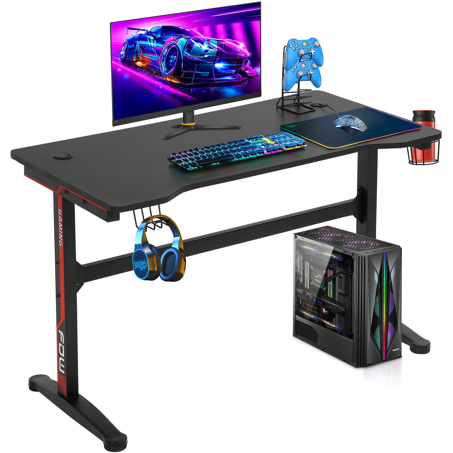 Gaming Desk Computer Desk Home Office Desk Extra Large Modern Ergonomic PC Carbon Fiber Writing Desk Table with Cup Holder Headphone Hook