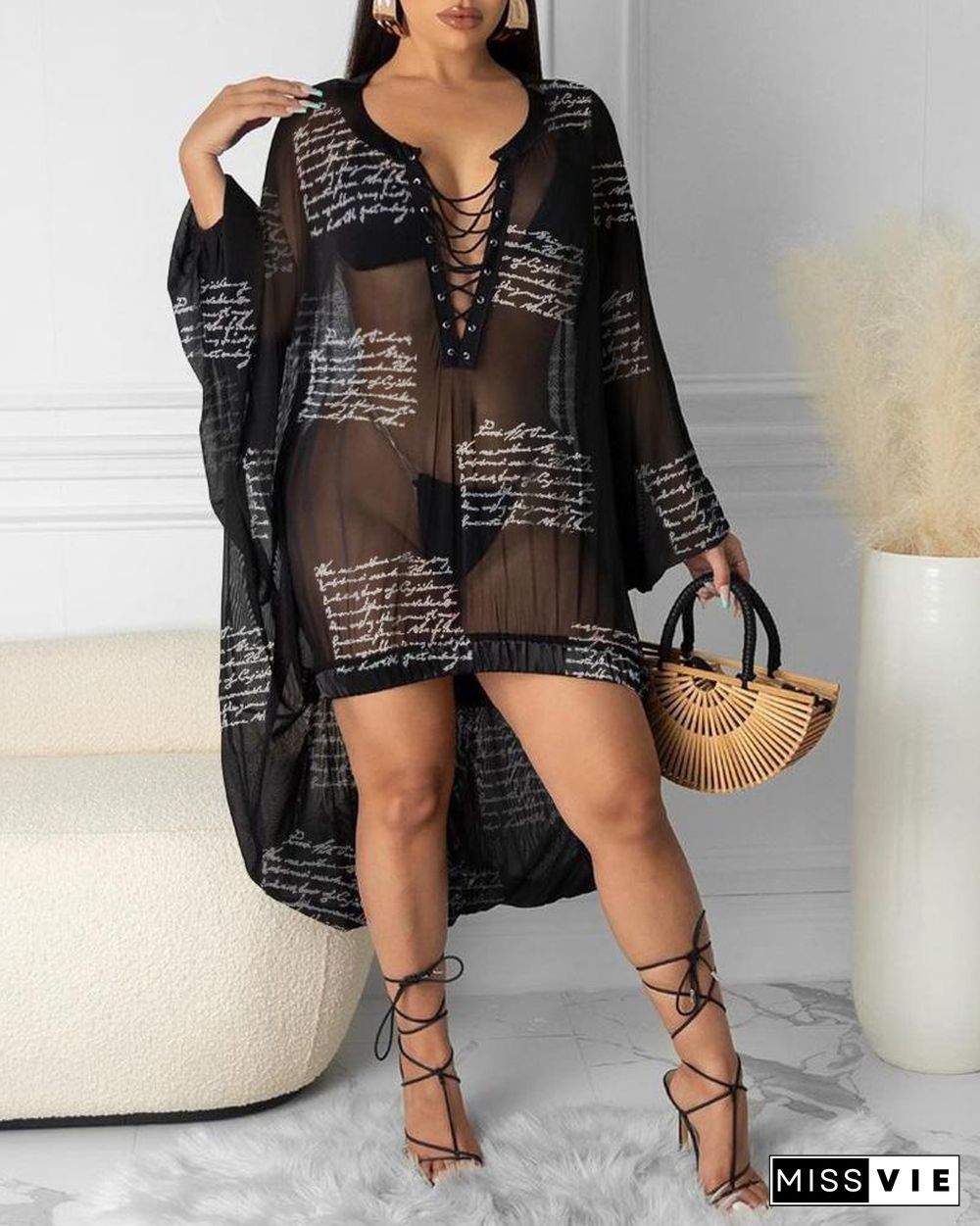 Letter Print Eyelet Lace-up Sheer Mesh Dip Hem Cover Up