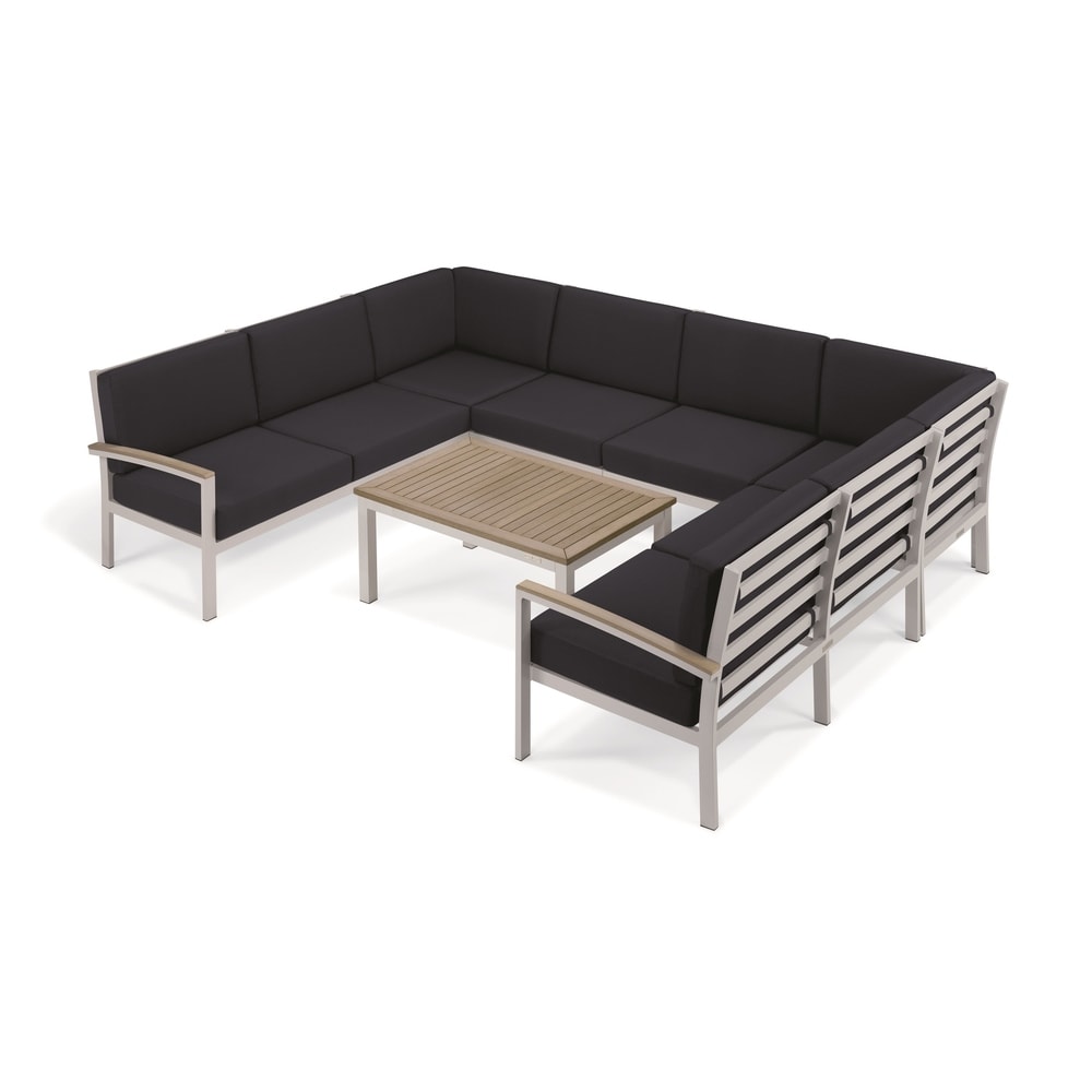 Oxford Garden Travira 7 piece Loveseat   Table Chat Set   Midnight Blue Cushion  Vintage Tekwood