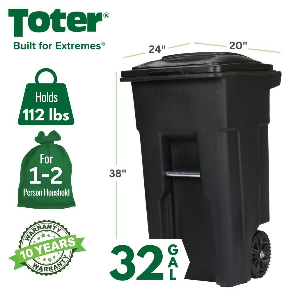 Toter 32 Gallon Black Rolling Outdoor GarbageTrash Can with Wheels and Attached Lid 79232-R2200