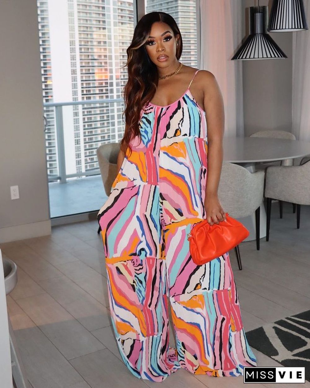 Trendy Stripe Print Wide Leg Sling Jumpsuit