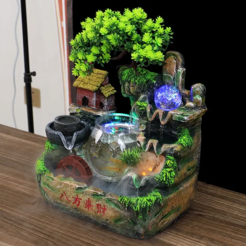 Chinese Style Resin Rockery Waterfall Indoor Mini Tabletop Water Fountain Flowing Water Decor With Fish Tank