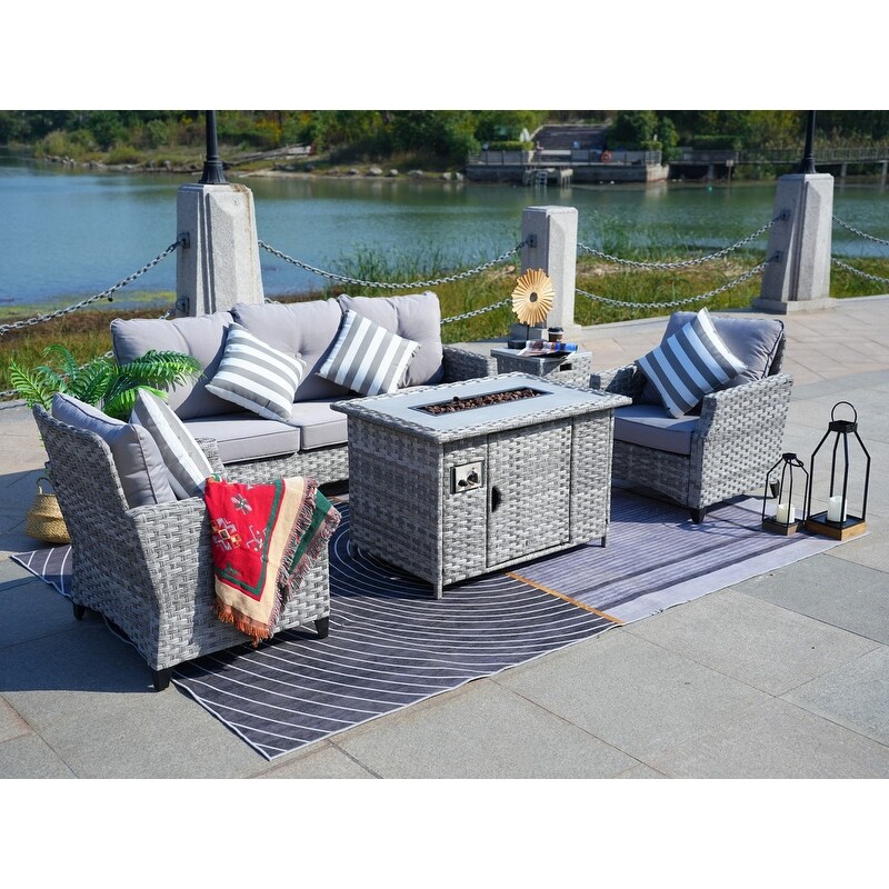 Braylee 5 piece Cushioned Patio Porch Sectional Set with Fire Pit and Rain cover