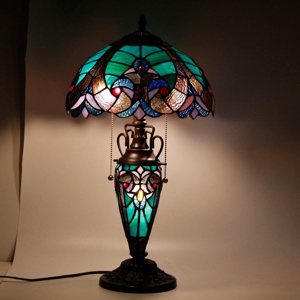 GEDUBIUBOO  Style Table Lamp Green Stained Glass Liaison Lamp 12X12X22 Inches Mother-Daughter Vase Desk Reading Light Decor Bedroom Living Room  Office S160G Series