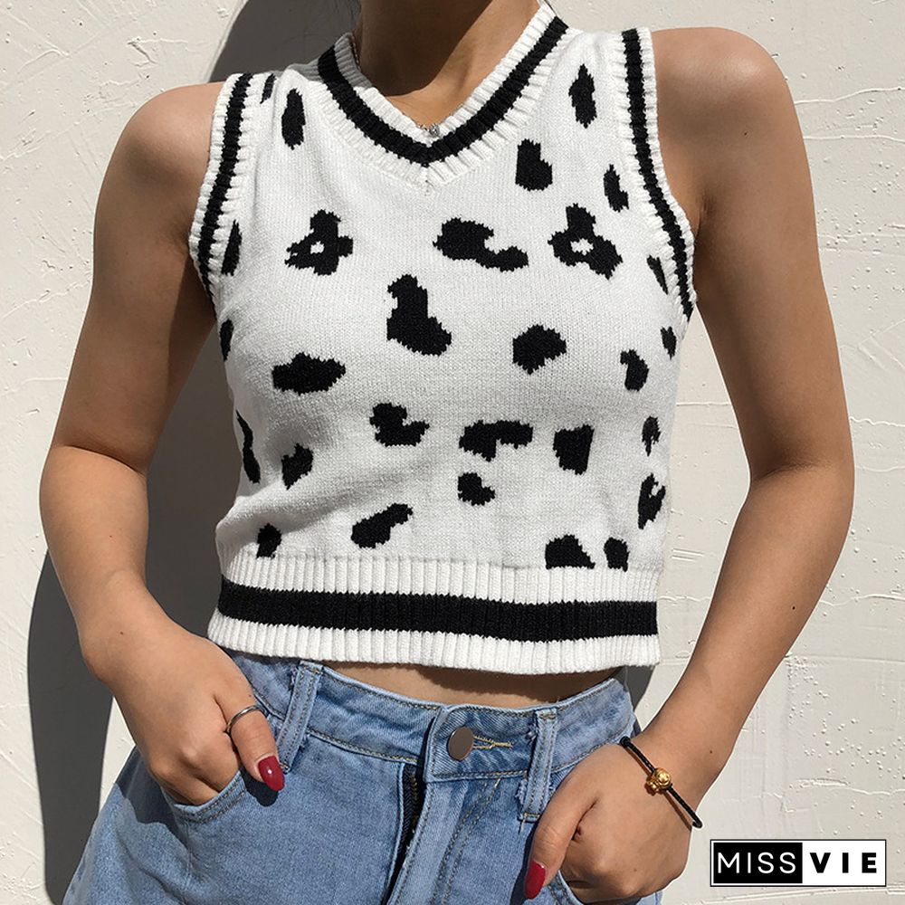 Fashion Cow Print Sweater Vest Women Knitted Pullovers Loose Vintage Waistcoat Sleeveless Pullover Sweater Tops Knitted Tops