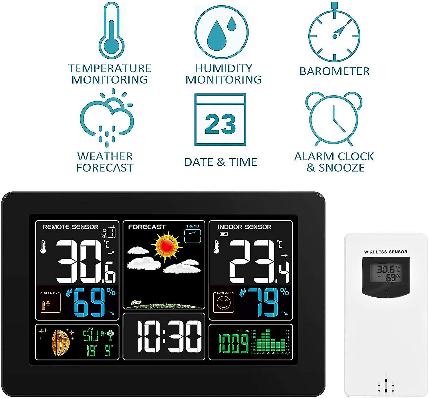 Weather Station With Outdoor Indoor Sensor， Msf Wireless Digital Alarm Clock， Barometer， Temperature， Humidity Monitor， Weather Forecast For Home Gard