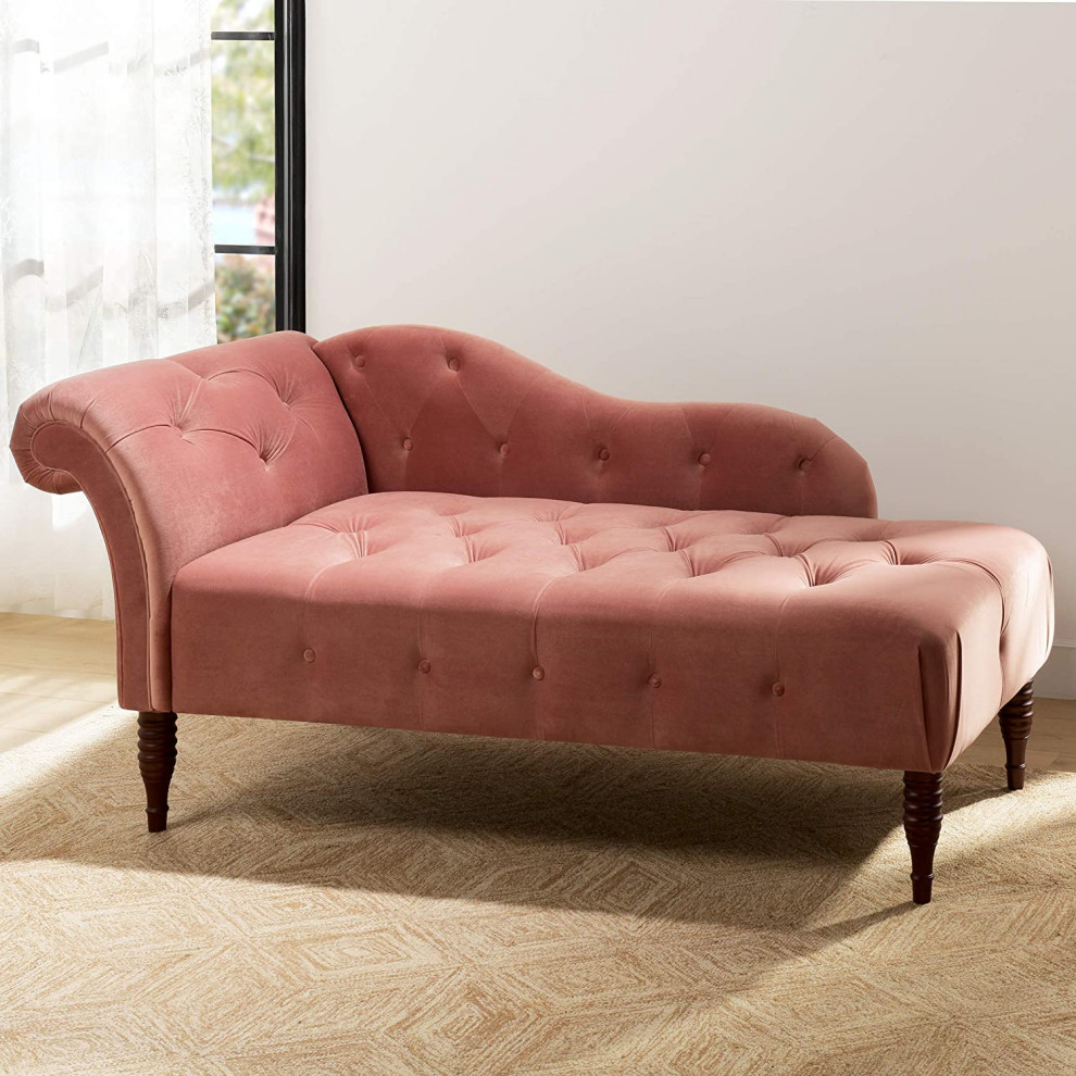 Mid Century Chaise Lounge  Elegant Arm with Ash Rose Button  ampTufted Upholstery   Traditional   Indoor Chaise Lounge Chairs   by Decor Love  Houzz