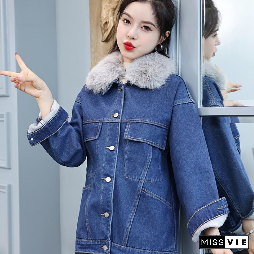 Heart Print Denim Jacket Women Winter Fashion Fur Collar Jeans Jacket Students Casual Thick Oversized Coat Outwear