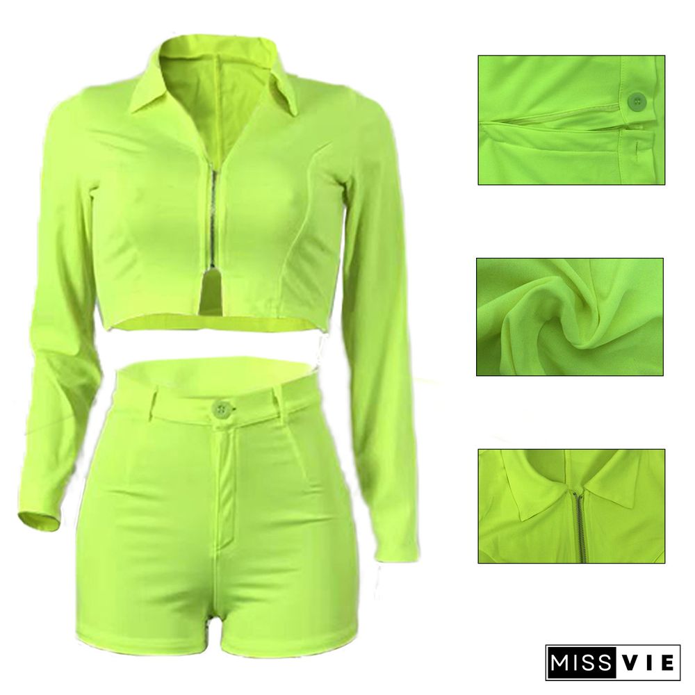 Long Sleeves Zip Up Jacket Crop Top Shorts Suit