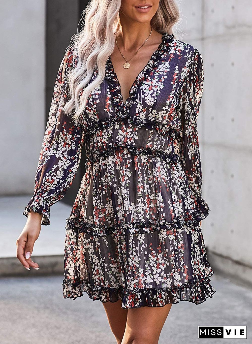 Ditsy Floral Prints Ruffle Edge Tiered Long Sleeve Boho Dress