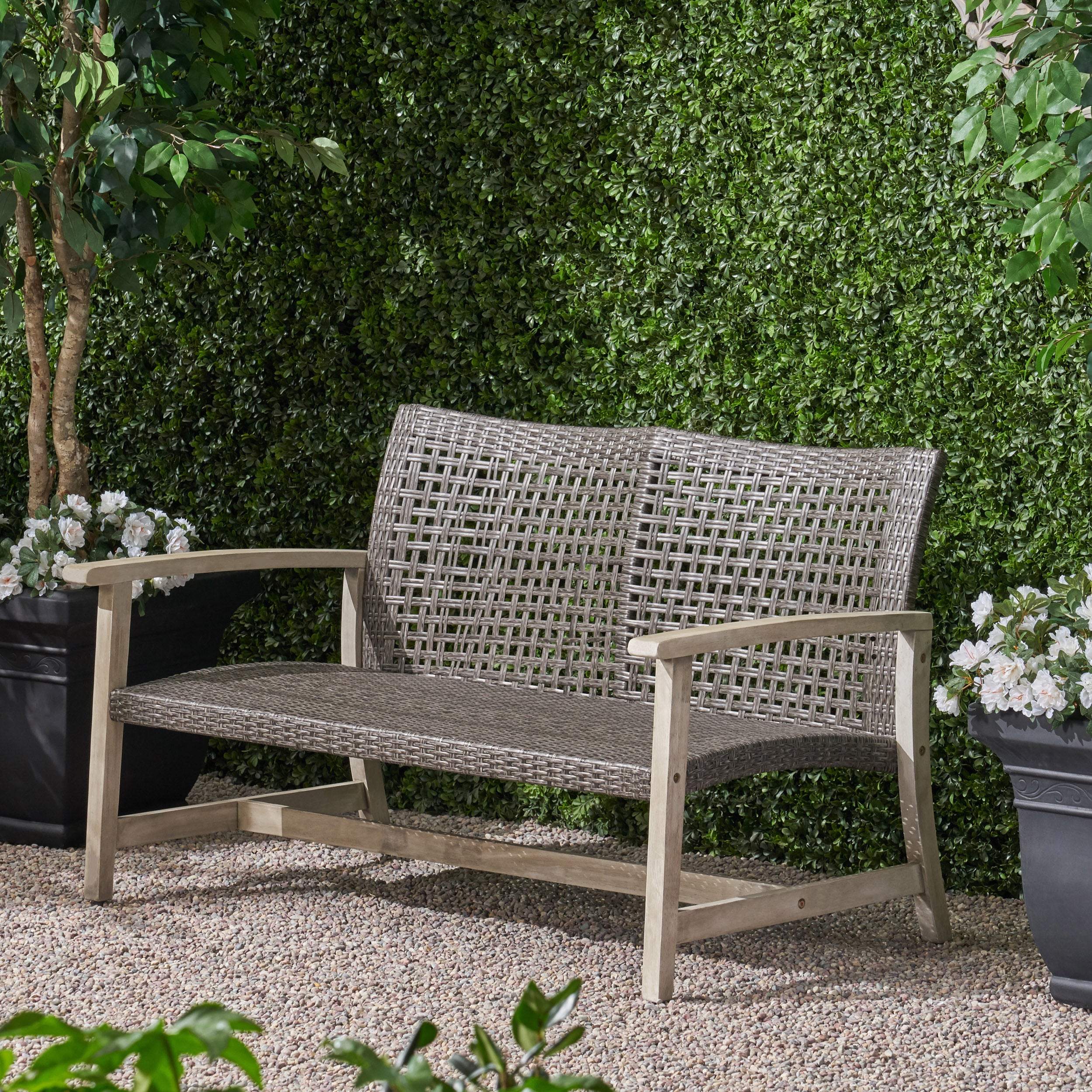 Marcia Outdoor Wood and Wicker Loveseat