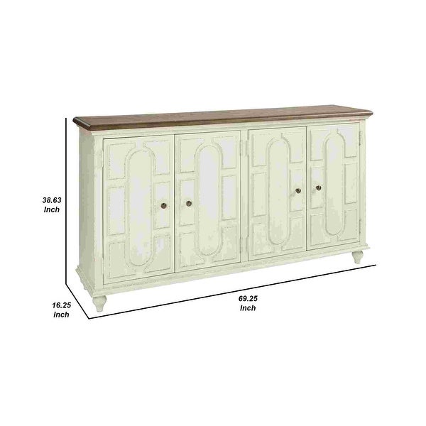 Wooden Accent Cabinet with 4 Door Storage， Antique White and Brown