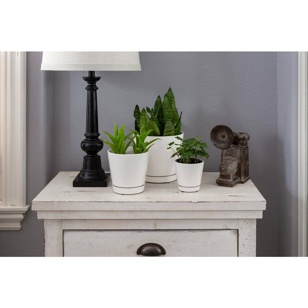 Vigoro 6 in. Piedmont Small White Ceramic Planter (6 in. D x 5.7 in. H) with Drainage Hole and Attached Saucer CR01721S-06W