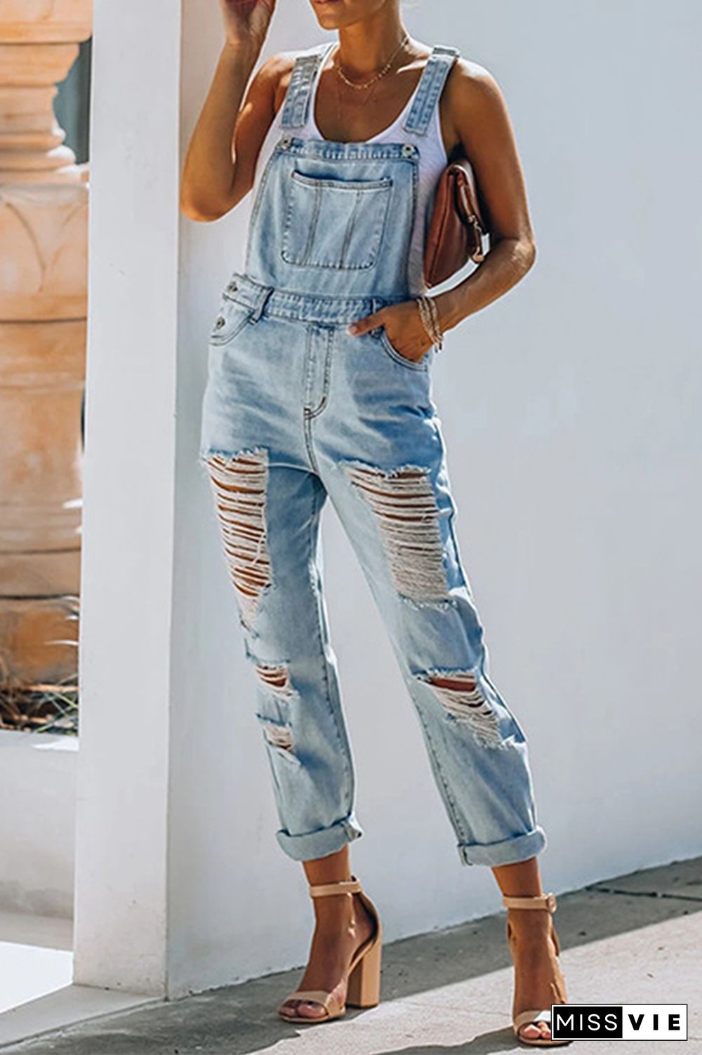 Street Solid Tassel Ripped Jumpsuits