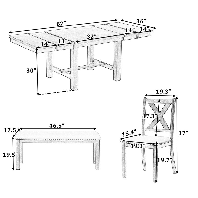 Farmhouse 6 Piece Extendable Dining Table with Footrest  4 Upholstered Dining Chairs and Dining Bench  Two 11\