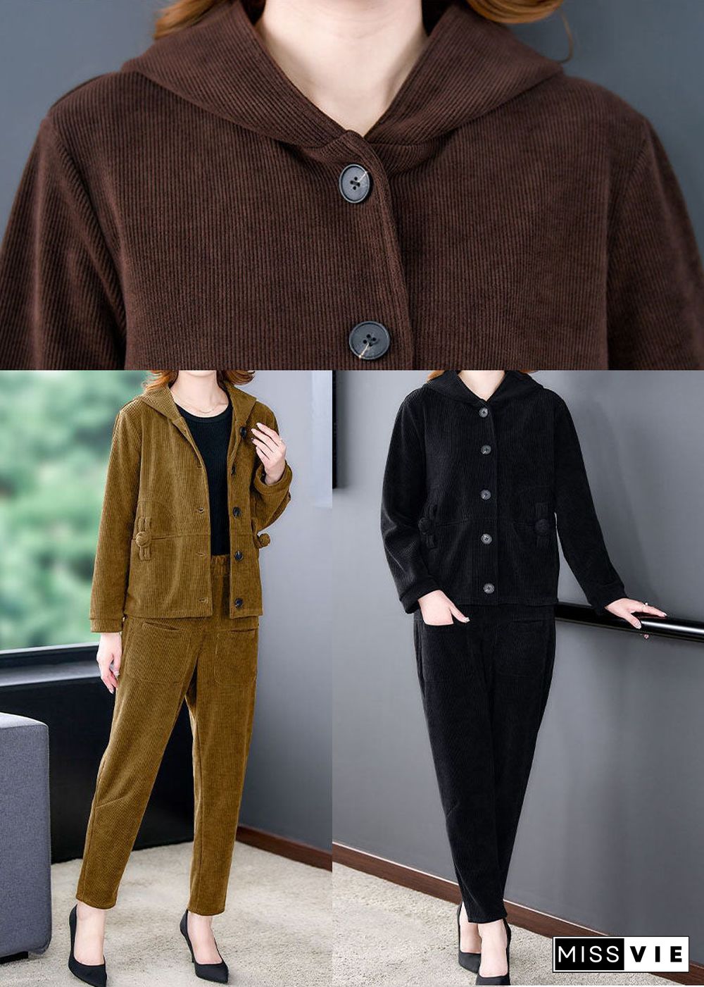 Vintage Black Hooded Solid Color Corduroy Coats And Harem Pants Two Pieces Set Winter