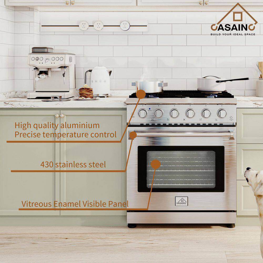 CASAINC 30 in. 4.55 cu. ft. Freestanding Single Oven Gas Range in. Stainless Steel with Convection Fan and 5 Burner CA--HXJ300R