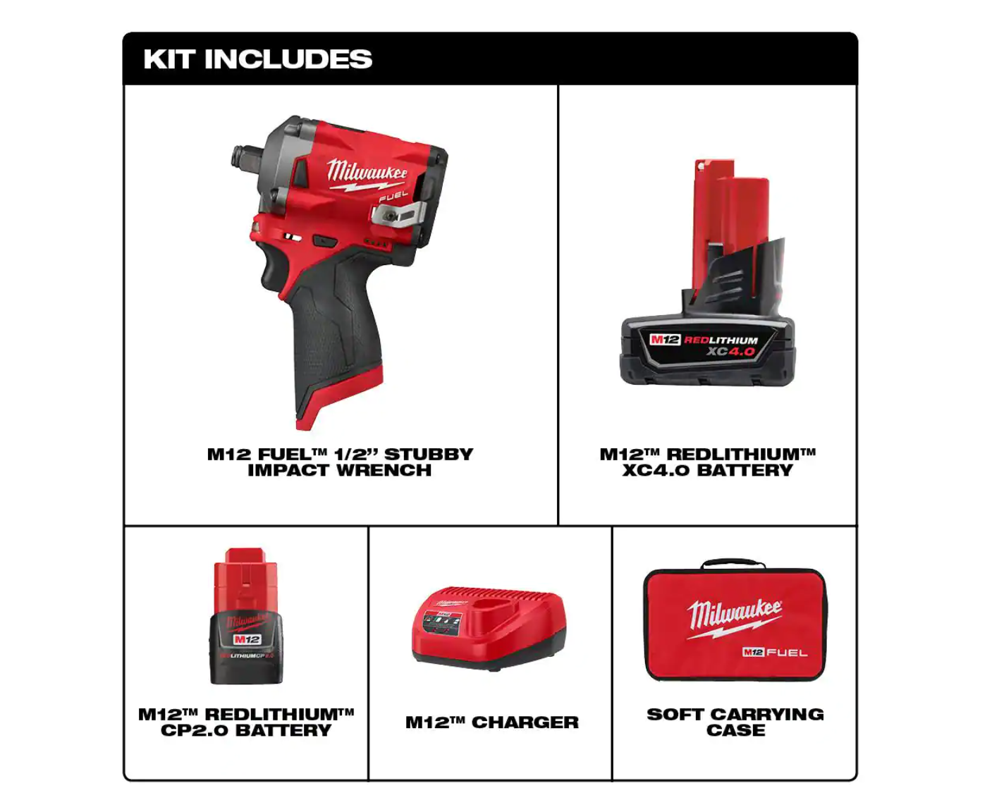 Milwaukee 2555-22 M12 FUEL 12V Lithium-Ion Brushless Cordless Stubby 1/2 in. Impact Wrench Kit with One 4.0 and One 2.0Ah Batteries