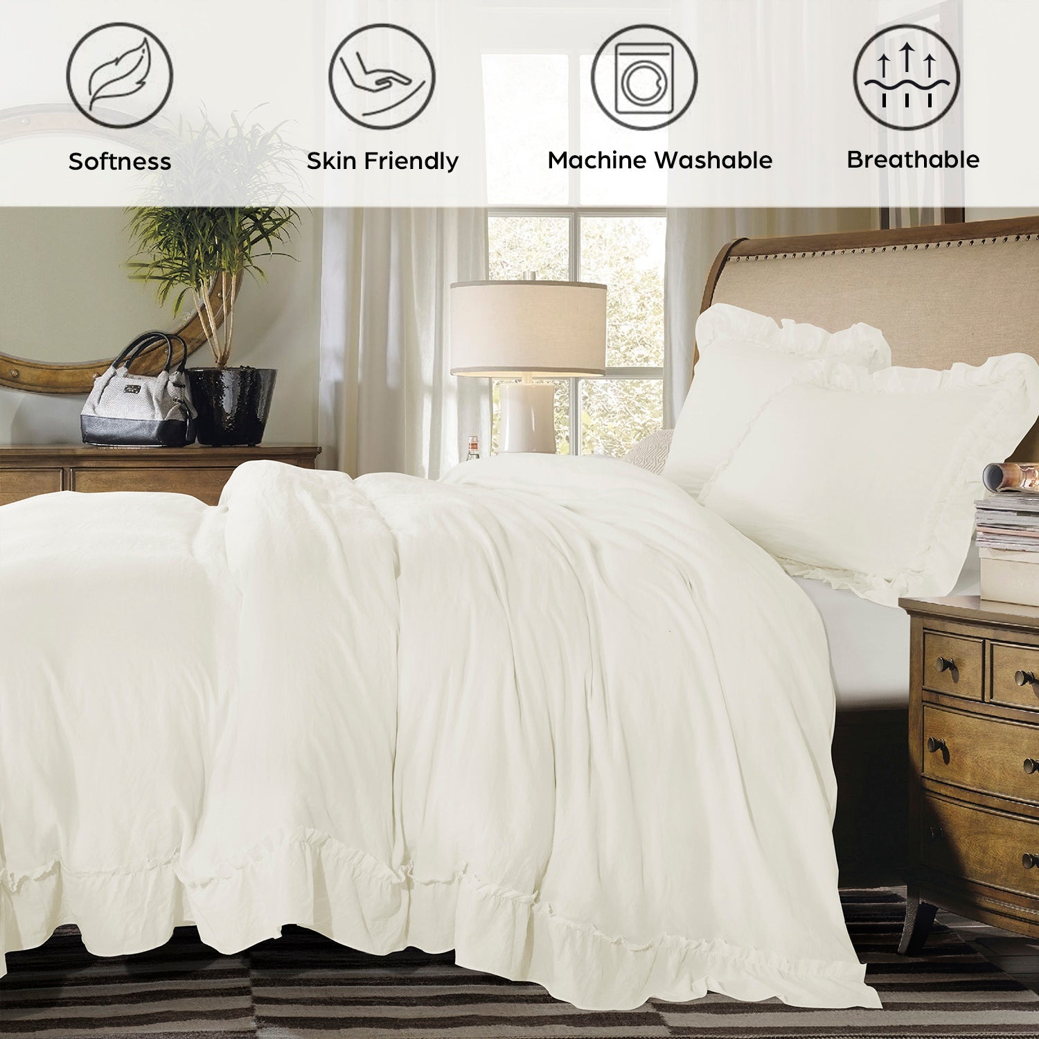 3 Piece Prewashed Fabric Chic Ruffle Duvet Cover Set