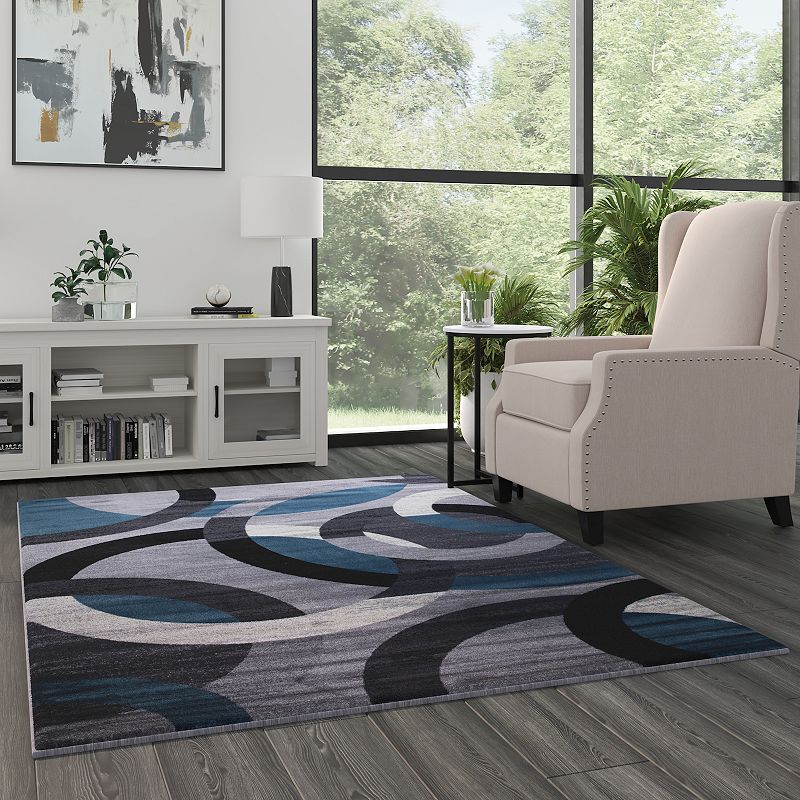 Masada Rugs Masada Rugs， Thatcher Collection Accent Rug with Interlocking Circle Pattern in Blue and Grey with Olefin Facing and Natural Jute Backing - 5'x7'